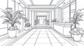 Modern Office Lobby Entrance Line Art Drawing with Plants and Reception Desk Royalty Free Stock Photo