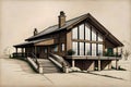 Architectural drawing style wooden country house