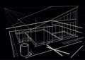 Architectural drawing on table with pencils and coffee cup on black background Royalty Free Stock Photo