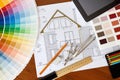 Architectural drawing, Two color palette guide, pencils and rule Royalty Free Stock Photo