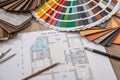 Architectural drawings with palette of colors and wooden sampler for furniture designs