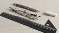 Architectural and Engineering Drawing Tools on Wooden Desk Royalty Free Stock Photo