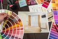 Palette of colors designs for interior works on blueprints brush, sticker