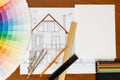 Architectural facade drawing, color palette guide, pencils and r Royalty Free Stock Photo