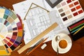 Architectural facade drawing, Two color palette guide, pencils a Royalty Free Stock Photo