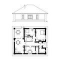 Architectural facade and plan of a house. The drawing of the cottage. Isolated on white background. Vector black illustration