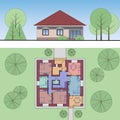 Architectural facade and plan of a house. The drawing of the cottage surrounded by trees. Vector multicolored