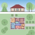 Architectural facade and plan of a house. The drawing of the cottage surrounded by trees. Vector multicolored illustration