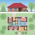 Architectural facade and plan of a house on the land. Views of single-storey cottage. Top view with furniture. Vector realistic