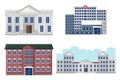 Architectural facades set university, school, hospital and bank Vector flat style. Detailed front views