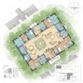 Architectural floor plan of a building surrounded by trees, featuring a detailed interior Royalty Free Stock Photo