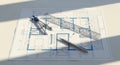 Architectural Blueprint with Drafting Tools and Shadows Royalty Free Stock Photo