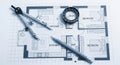 Architectural Blueprint with Drafting Tools and Pencil Royalty Free Stock Photo