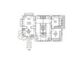 Architectural floor plan features a symmetrical layout with several rooms and corridors. Two main Royalty Free Stock Photo