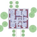 Architectural floor plan of a house. The drawing of the cottage. One-storey building on the land. Vector illustration Royalty Free Stock Photo