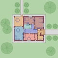 Architectural floor plan of a house. The drawing of the cottage. One-storey building on the land. Vector illustration Royalty Free Stock Photo