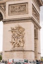 Architectural fragment of Arc de Triomphe. Arc de Triomphe de l\'Etoile on Charles de Gaulle Place is one of the most famous Royalty Free Stock Photo