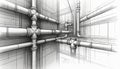 Architectural illustration of plumbing system design. Detailed drawing shows interconnected pipes, joints, schematic lines Royalty Free Stock Photo