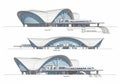 Architectural illustrations display a futuristic transportation hub with three elevation views. The Royalty Free Stock Photo