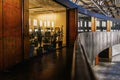 Architectural industrial project in glass and concrete, perspective of public floor of old building with offices Royalty Free Stock Photo