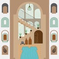 Architectural interior arcs and stairs in high roofed room area with rug, flower pot, door and decoration pottery jars poster