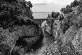 Architectural landmark, stone bridge. A view of the Fiordo of Furore in Amalfi coast, Travel and vacation concept. Summer day.