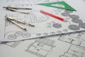 Architectural Landscape Design Blueprint with Drafting Tools Royalty Free Stock Photo