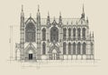 Architectural line drawing of a Gothic cathedral faÃ§ade, characterized by pointed Royalty Free Stock Photo
