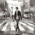 Architectural Manga Illustration Of A Guy In Suit On Zebra Crossing Royalty Free Stock Photo