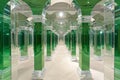 An architectural marvel, this image captures a series of archways with green-tinted mirrored columns reflecting a Royalty Free Stock Photo