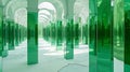 An architectural marvel, this image captures a series of archways with green-tinted mirrored columns reflecting a Royalty Free Stock Photo