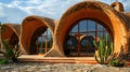 An architectural marvel made entirely of earthen clay featuring curved walls and stunning arched windows that push the