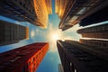 Architectural Marvel: Skyward View of Metropolis and Its Pinnacle Tower.