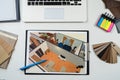 Architectural materials blueprints laptop tools and color sampler for renovation Royalty Free Stock Photo