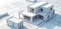 Architectural model of modern house on blueprints. Building design project with scale model, plans and draft. Precision planning Royalty Free Stock Photo