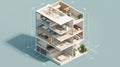 Architectural model of a modern residential building with detailed interior design and 3D visualization, including floor plans and