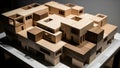 A complex building model constructed from various wooden blocks sits on a white surface Royalty Free Stock Photo