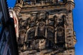 Architectural parts of gothic Charles Bridge tower, Mostecka Street, stone carved art ornament detail, medieval ancient, Mala