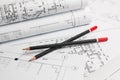 Architectural plan. Engineering house drawings, pencils and blueprints Royalty Free Stock Photo