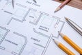 Architectural plan house with pen, pencil Royalty Free Stock Photo