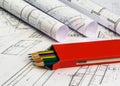 Architectural plan with box of pencils ,technical project drawin Royalty Free Stock Photo