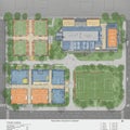Architectural plan of a sports complex featuring several key areas. Royalty Free Stock Photo