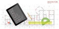 Architectural plan on a tablet .Design Engineer Workplace .Technical drawing background.Engineering design .Vector , illustration.