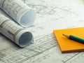 Architectural plan, technical project drawing with orange sticky Royalty Free Stock Photo