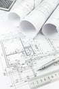 Architectural plan and tools Royalty Free Stock Photo