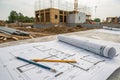 Architectural plans and blueprints on construction site Royalty Free Stock Photo
