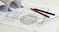 Architectural Plans and Drafting Tools Spread on Table Royalty Free Stock Photo