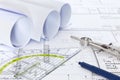 Architectural plans with drawing equipment Royalty Free Stock Photo