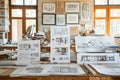 Architectural plans and drawings on a wooden table in a home office Royalty Free Stock Photo
