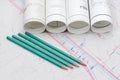 Architectural plans lying on drawing board Royalty Free Stock Photo